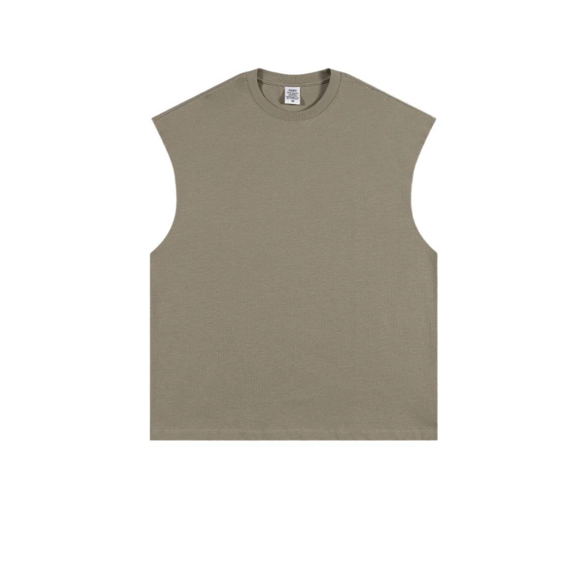 Light sage green oversized sleeveless muscle tee with crew neckline and manufacturer's tag visible, displayed flat against white background