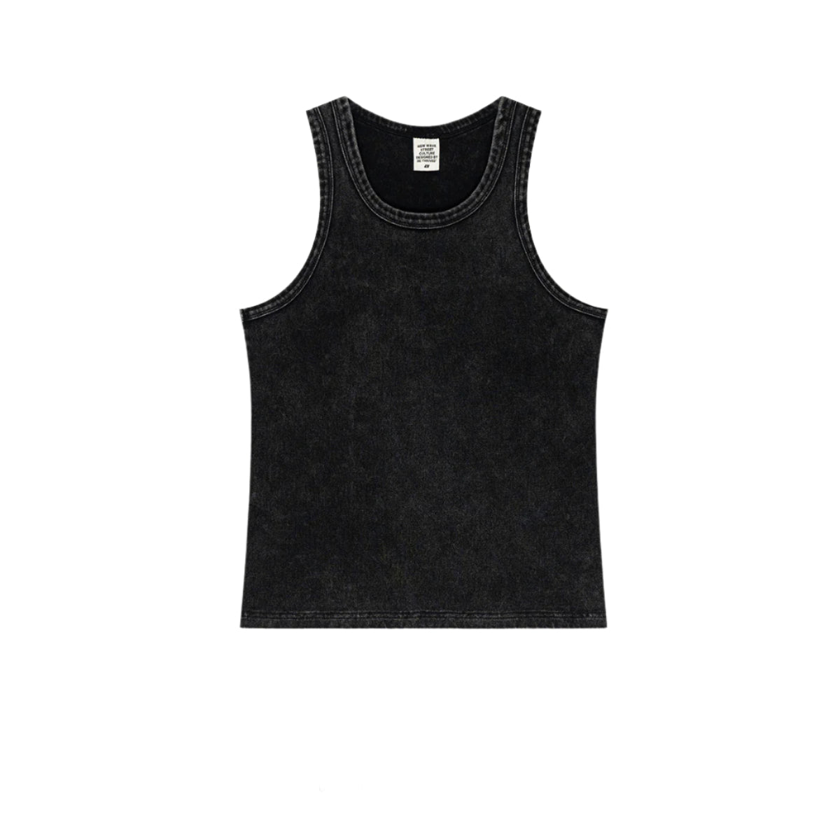 Washed black ribbed tank top laid flat, featuring a slightly faded look