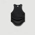 Black sleeveless top with side ruching and curved hem, flat product shot
