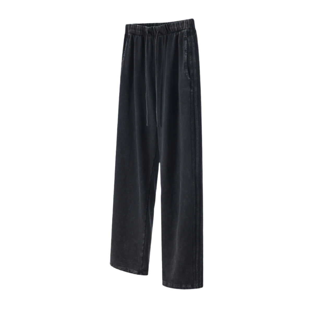 Black wide-leg sweatpants with elastic waistband, drawstring ties and textured side stripe detail on white background