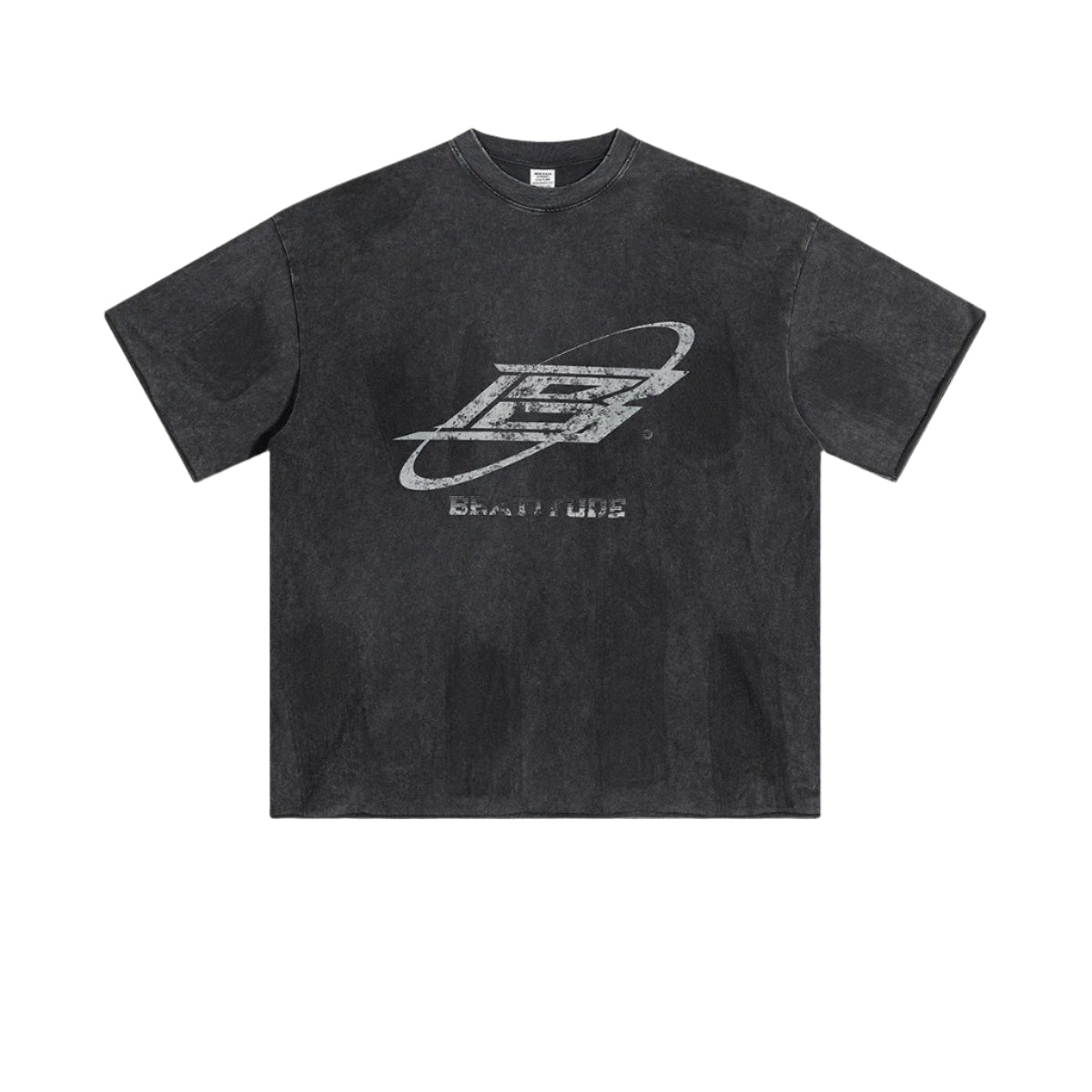 Flat lay of vintage black Beattube t-shirt with washed-out design