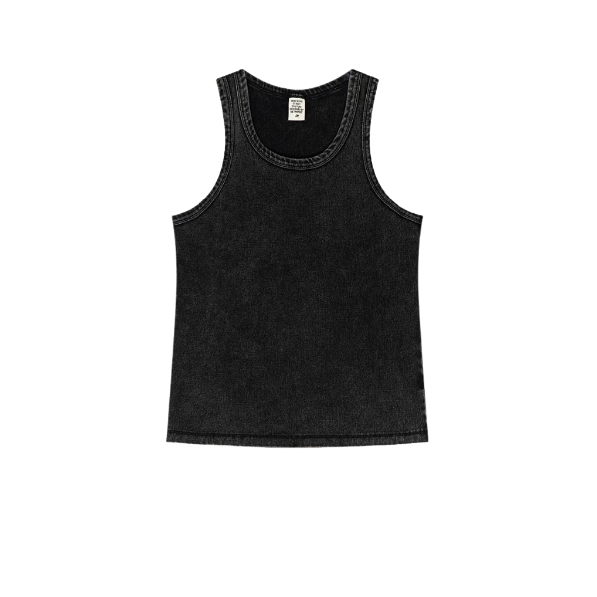 Washed black tank top laid flat, featuring a classic round neckline and visible stitching details