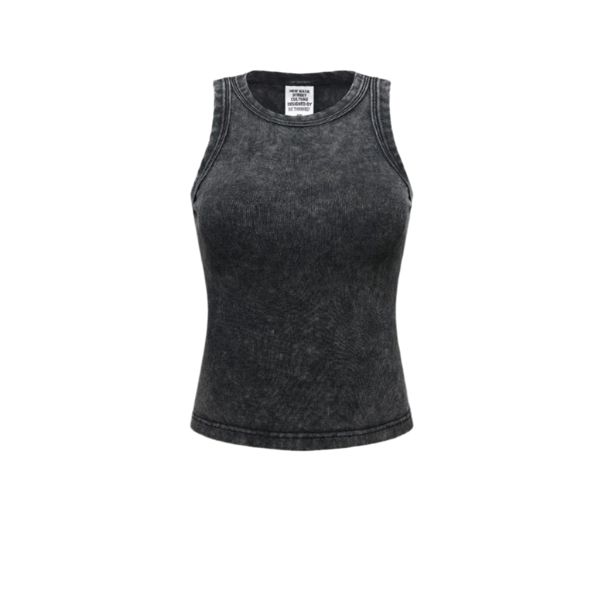 Black acid-wash fitted tank top with crew neckline and ribbed texture, displayed against white background. Features brand tag at neckline