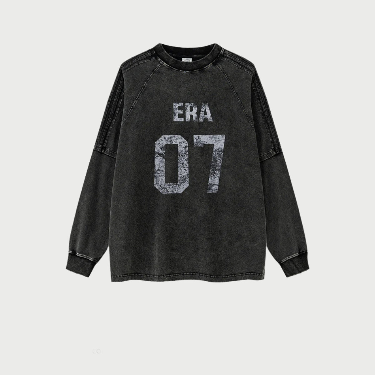 Product shot of black 'ERA 07' sweatshirt laid flat