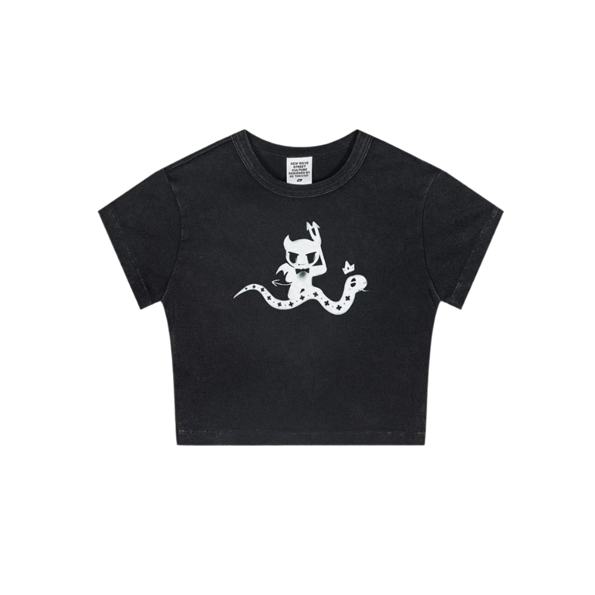 Flat lay of a black cropped t-shirt with a white devil girl and snake graphic