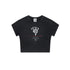 Black cropped T-shirt with a white and red distressed-style graphic, neatly displayed against a white background