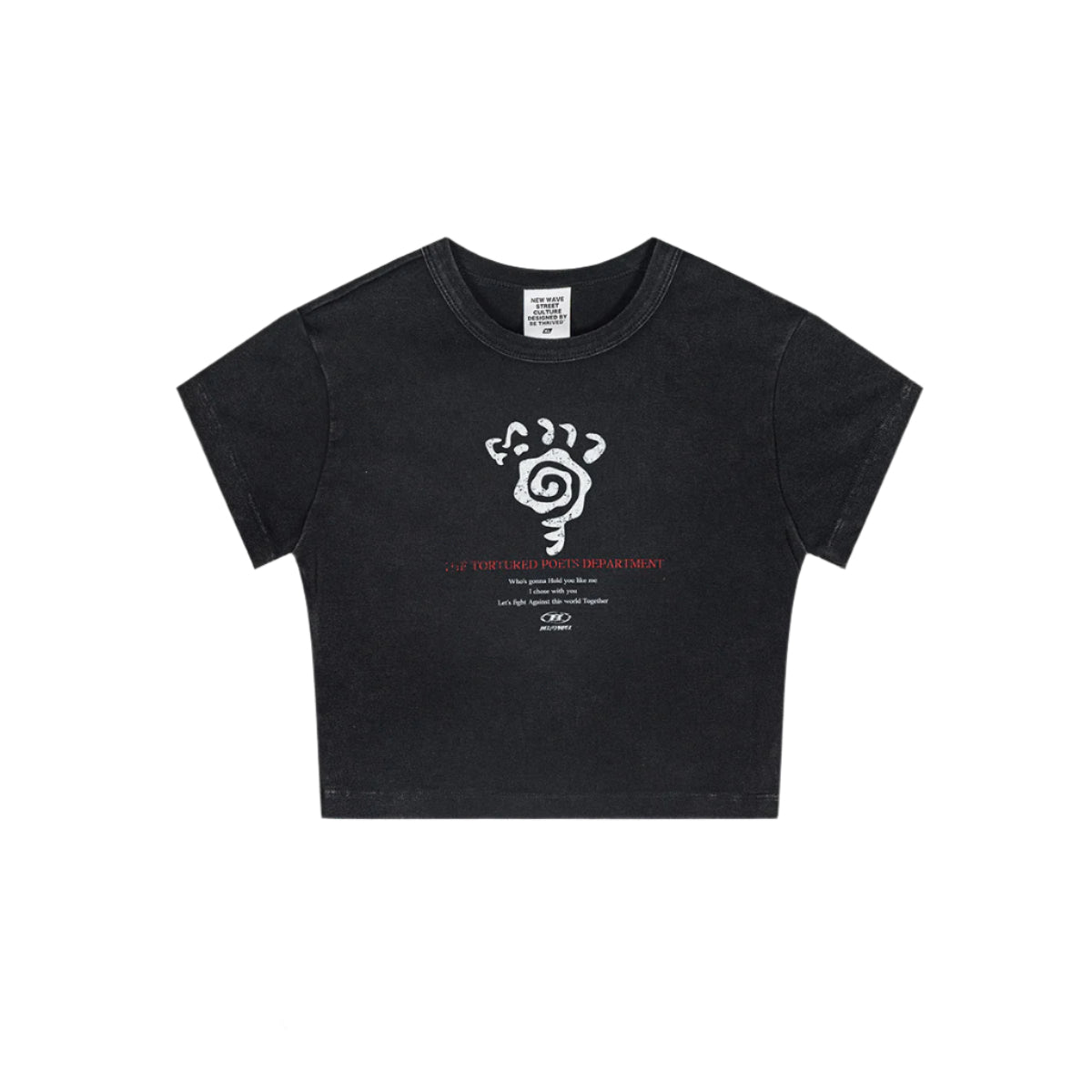 Black cropped T-shirt with a white and red distressed-style graphic, neatly displayed against a white background