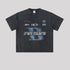 Black oversized t-shirt with blue B logo and Extreme Acceleration graphics laid flat on light gray background