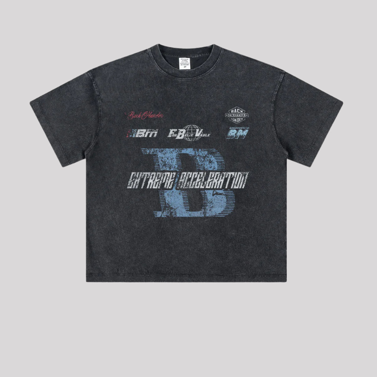 Black oversized t-shirt with blue B logo and Extreme Acceleration graphics laid flat on light gray background