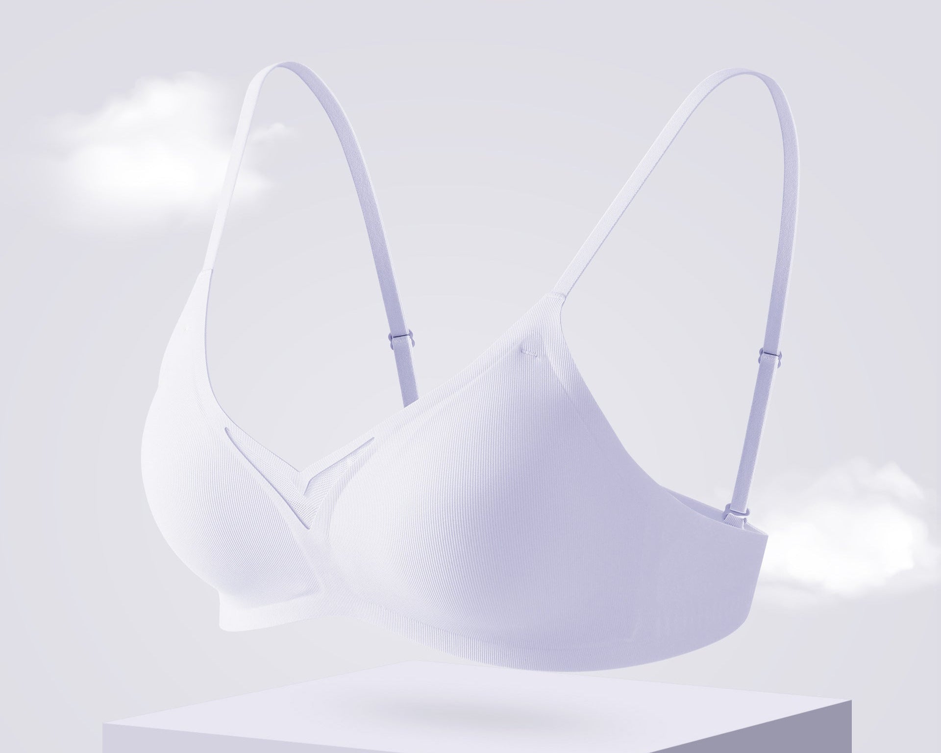 Light purple seamless bra with a V-neck design, soft support, and breathable comfort.