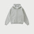 Heather gray zip-up hoodie with front kangaroo pocket and elastic cuffs against white background