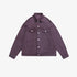 Deep purple denim jacket with silver buttons and chest pockets displayed flat against white background.