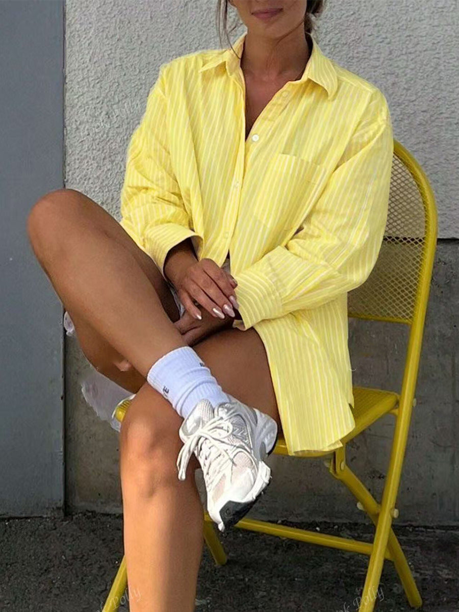 Casual oversized yellow striped shirt button down with sneakers