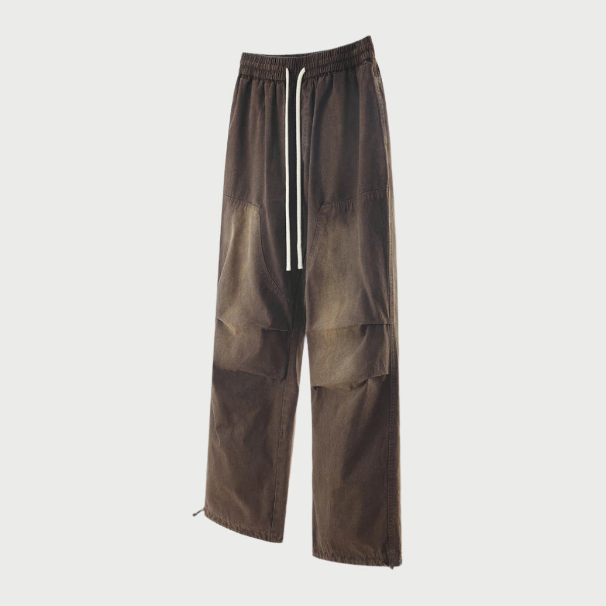 Brown wide-leg pants with panels, elasticated waist and white drawstring displayed flat