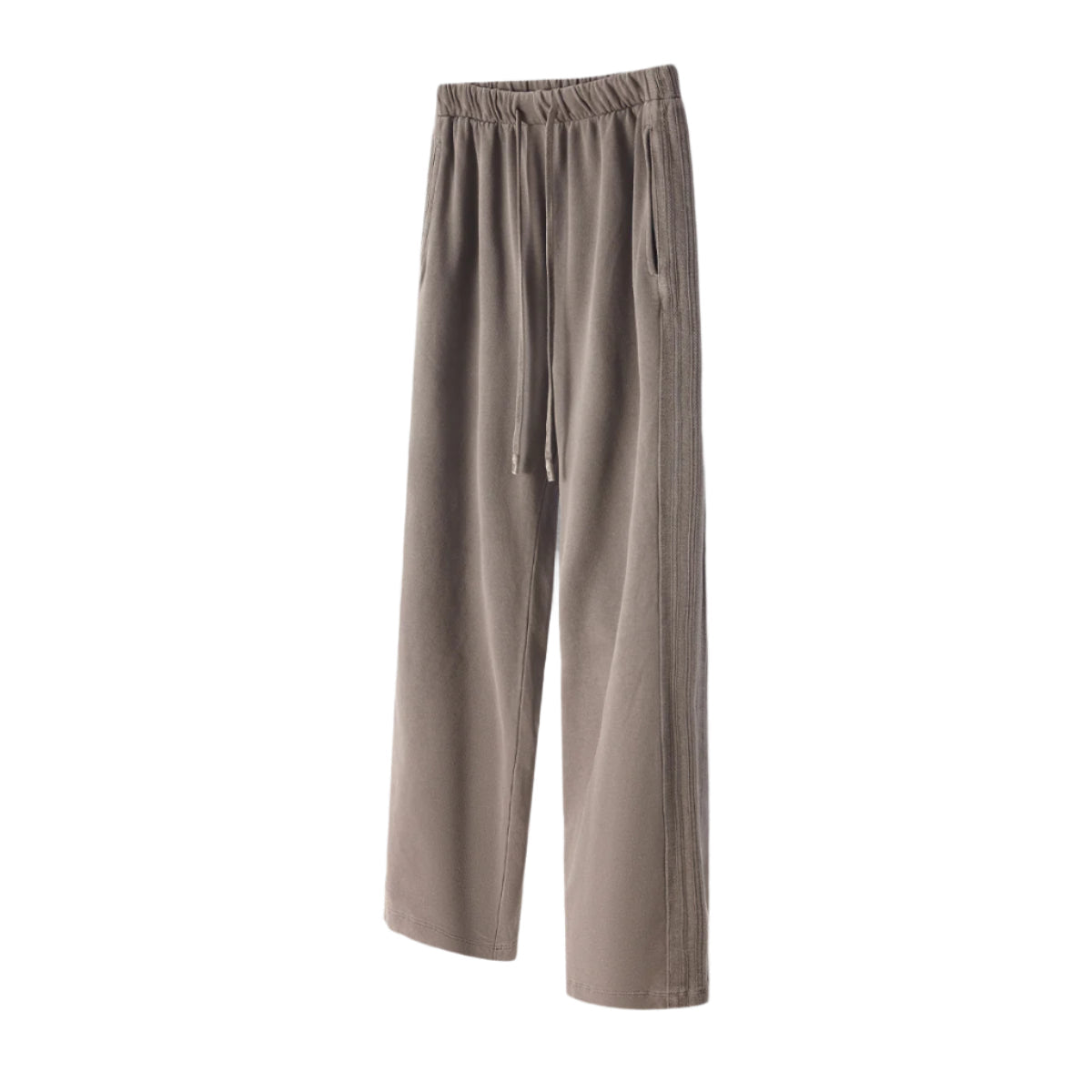 Taupe wide-leg sweatpants with elastic waistband, drawstring and ribbed side panel detail on white background
