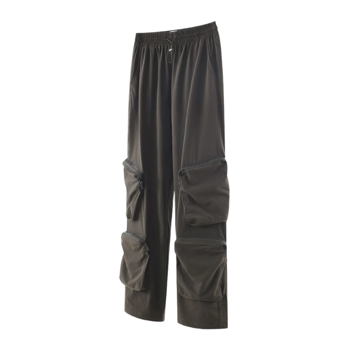 Charcoal gray cargo pants with zippered utility pockets displayed on white background