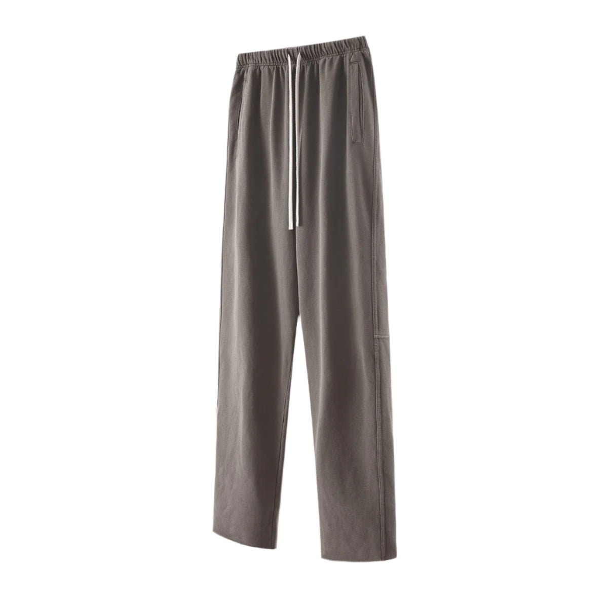 Gray sweatpants with elastic waistband and white drawstring shown in profile view, featuring relaxed straight leg design