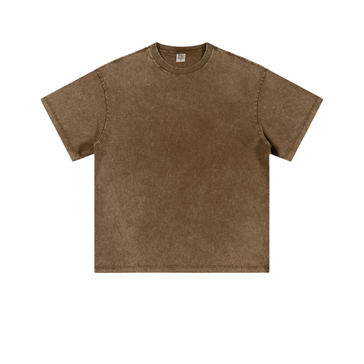 Product shot of brown mineral-washed oversized t-shirt with crew neck and short sleeves on plain background