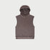 Taupe sleeveless hoodie with hood detail displayed flat against light background