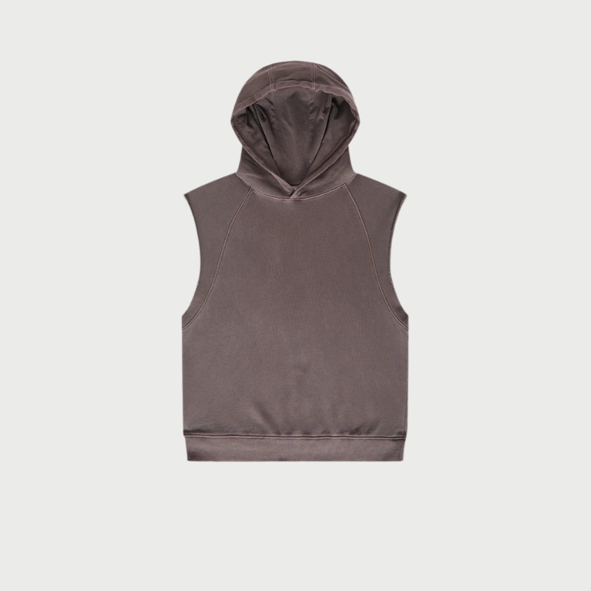 Taupe sleeveless hoodie with hood detail displayed flat against light background