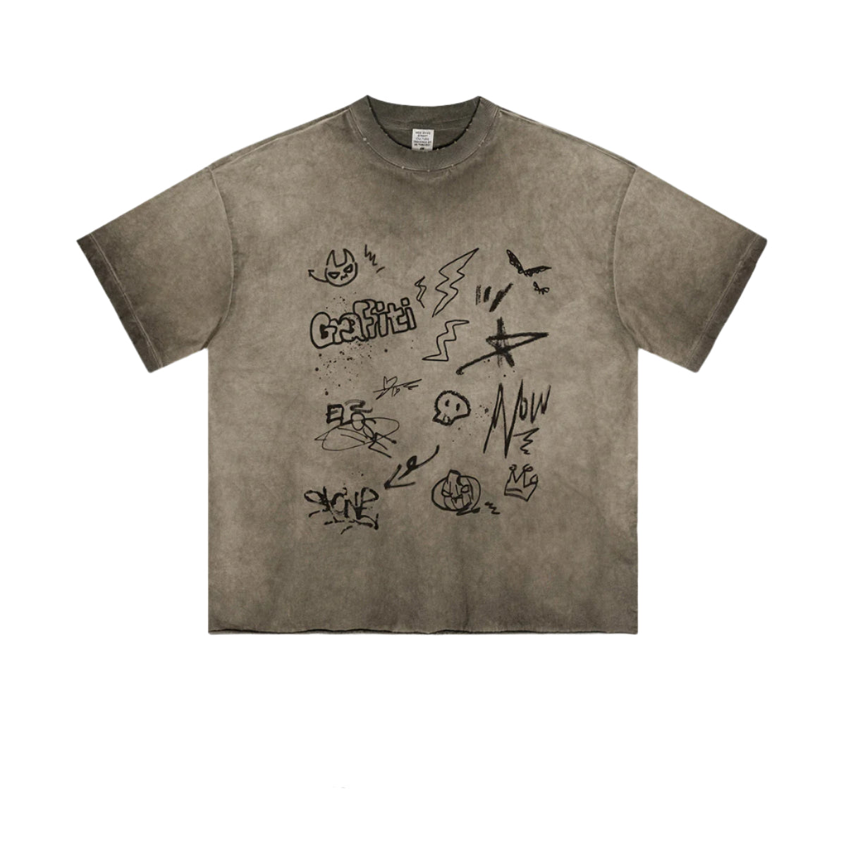 Front view of washed taupe oversized t-shirt with graffiti print against white background