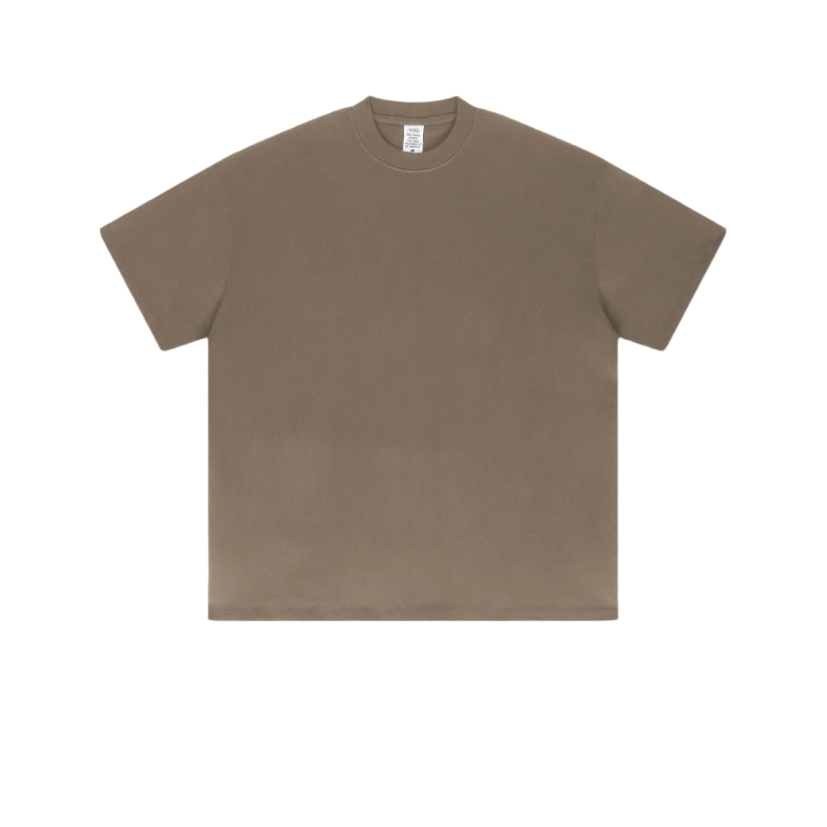 Taupe brown oversized t-shirt with crew neck and drop shoulder design photographed flat against white background