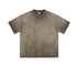 Taupe gray oversized t-shirt with washed texture displayed flat against white background