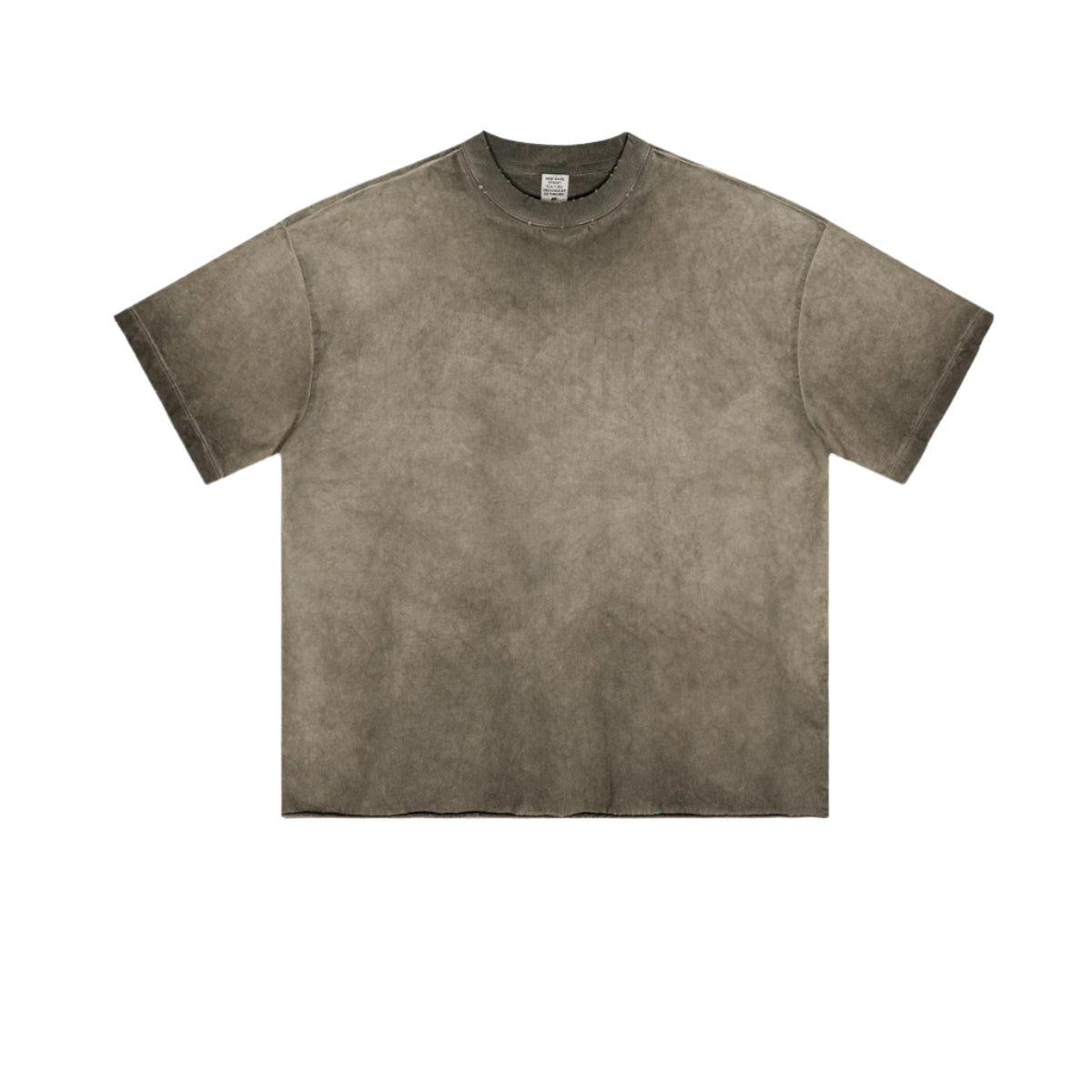 Taupe gray oversized t-shirt with washed texture displayed flat against white background