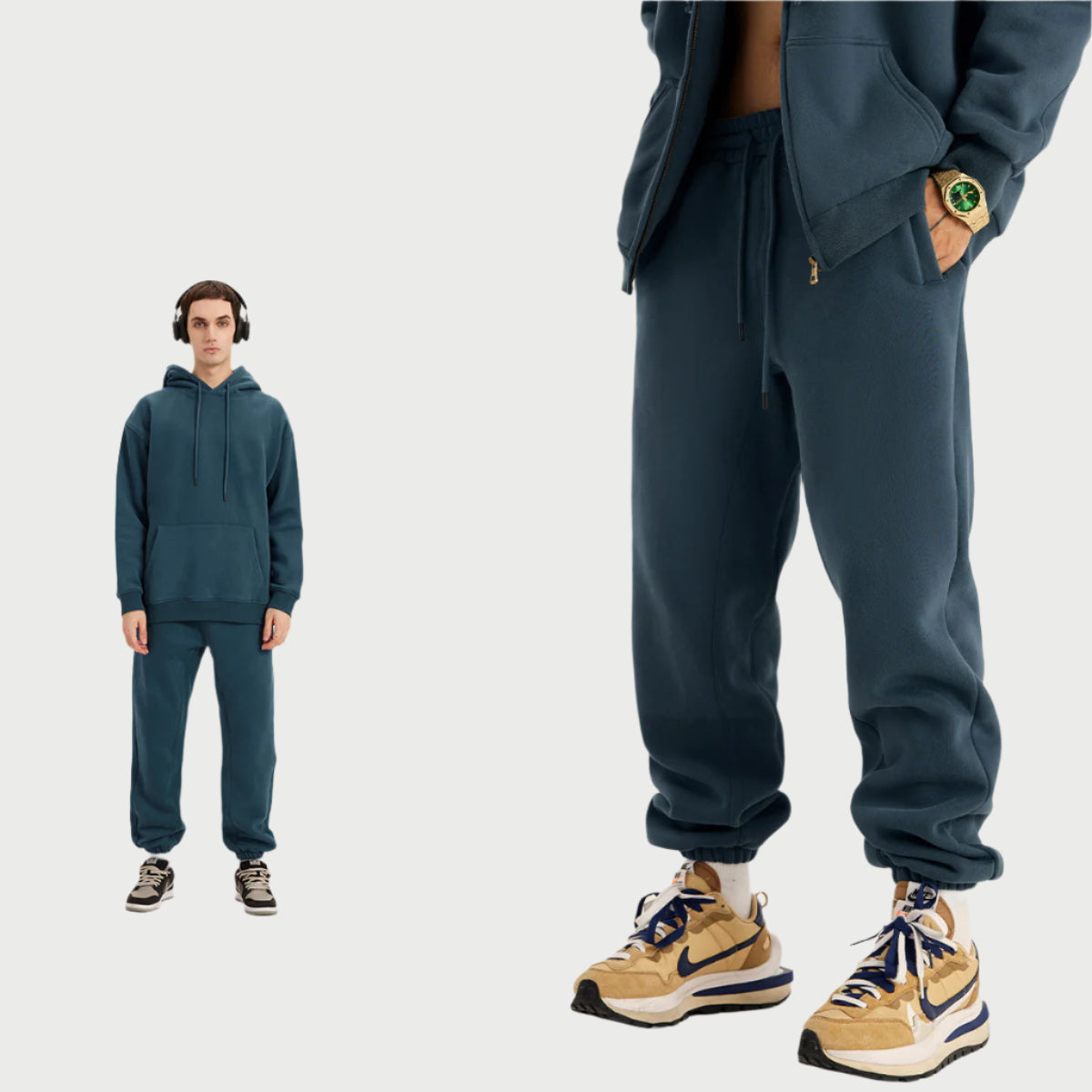 Navy blue sweatsuit showcased in split-view format with full outfit on left and close-up detail of jogger leg and beige/navy sneakers on right against white background