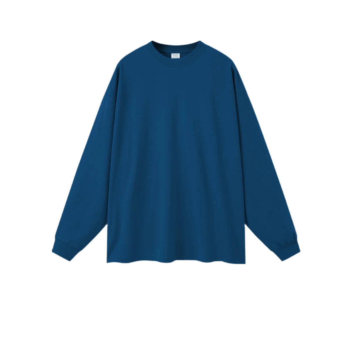 Navy blue oversized long sleeve sweatshirt with crew neck and ribbed cuffs on plain background
