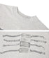 Close-up of heather gray chain graphic T-shirt showing the ribbed crew neck and monochrome metal-tag print