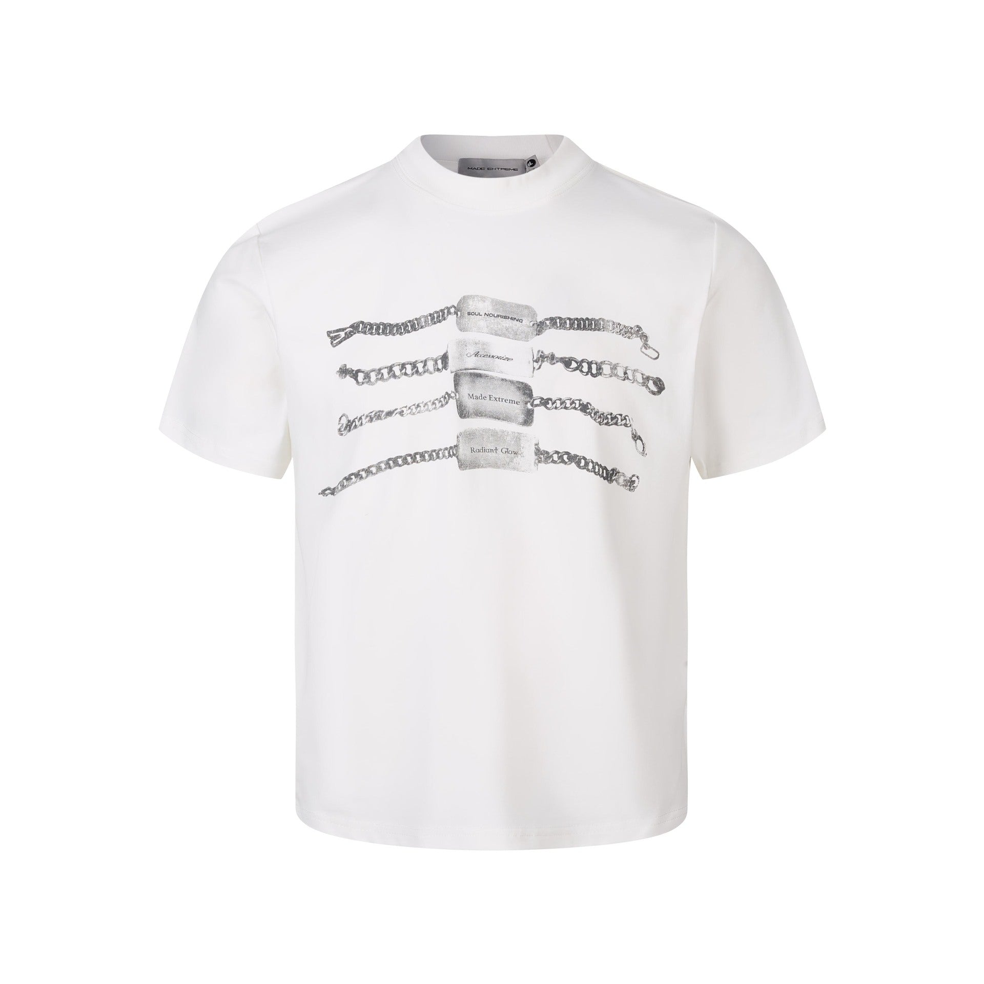 White chain graphic T-shirt product front with monochrome metal-tag print