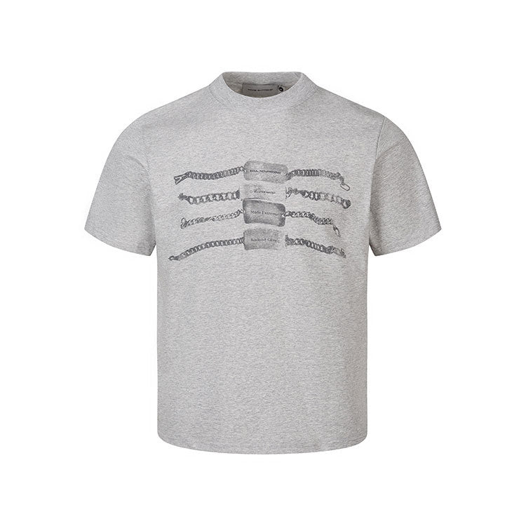Heather gray chain graphic T-shirt product front with tonal monochrome print