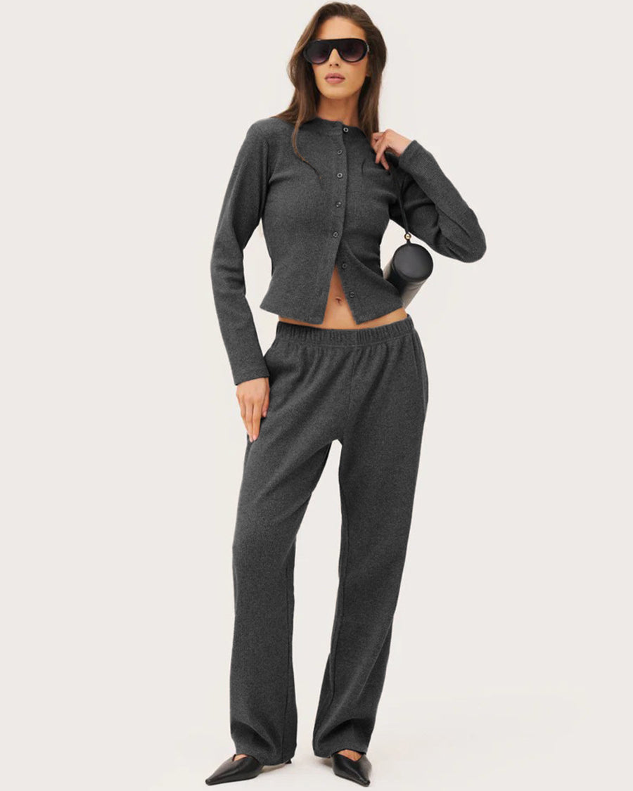 charcoal ribbed co ord set worn by model full body front view