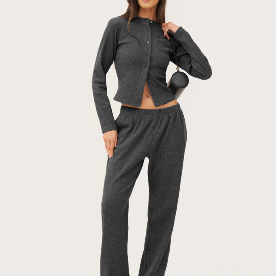 charcoal ribbed co ord set worn by model full body front view