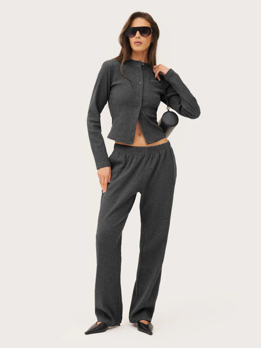 charcoal ribbed co ord set worn by model full body front view