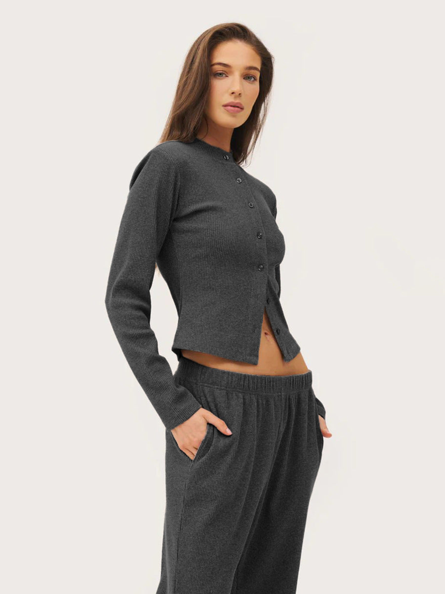 charcoal ribbed co ord set worn by model side view