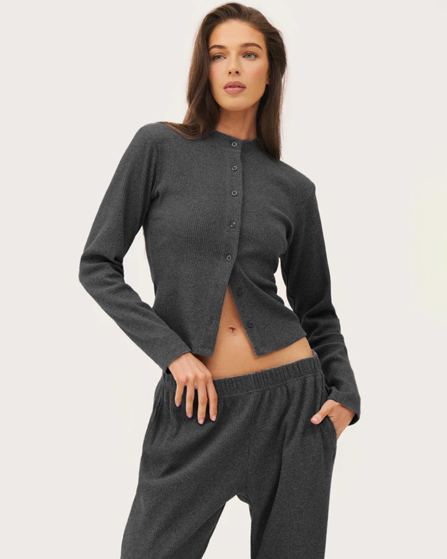charcoal ribbed co ord set worn by model front view