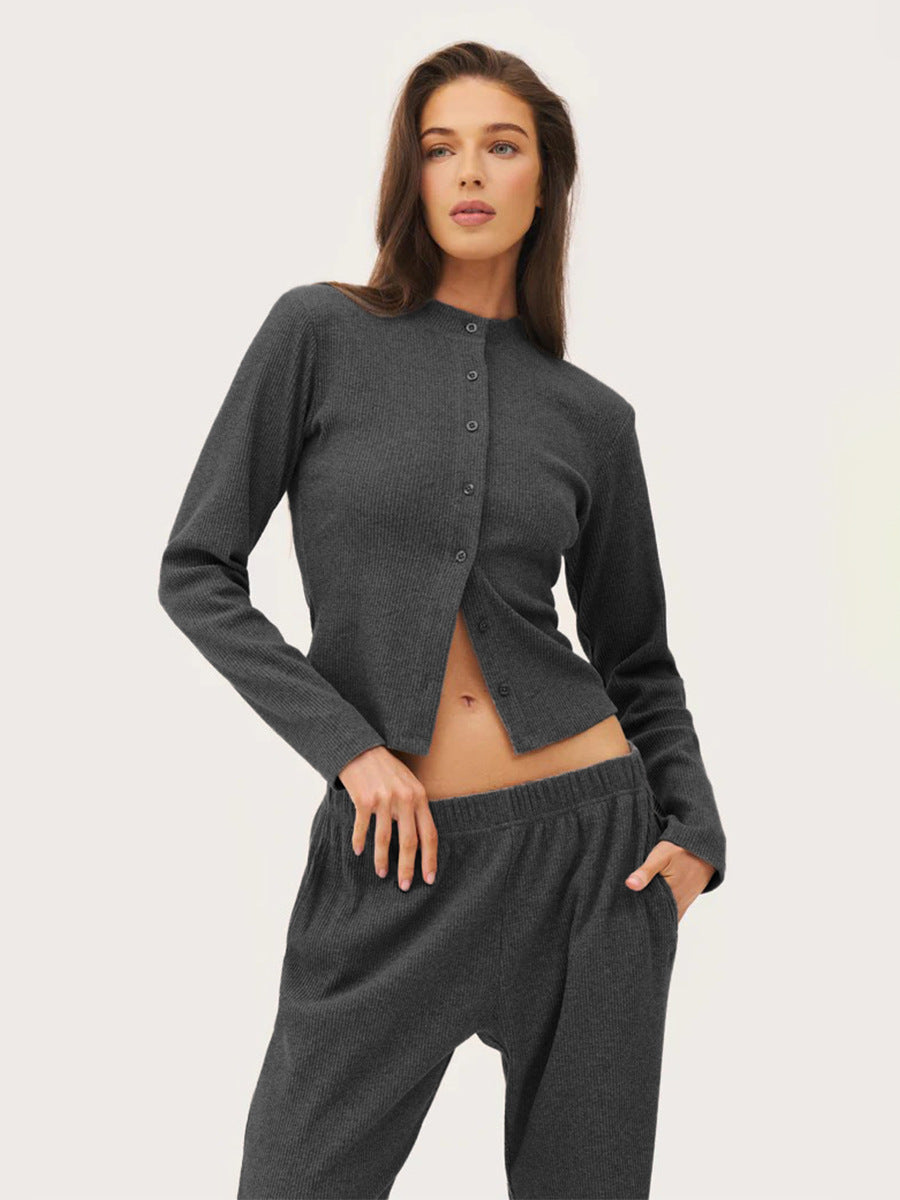 charcoal ribbed co ord set worn by model front view