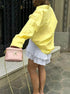 Chic oversized yellow striped button down shirt with skirt