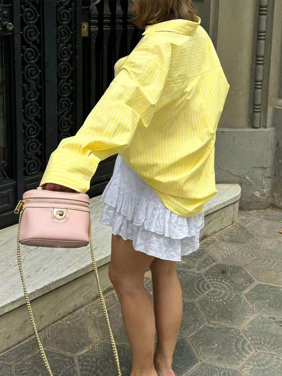 Chic oversized yellow striped button down shirt with skirt