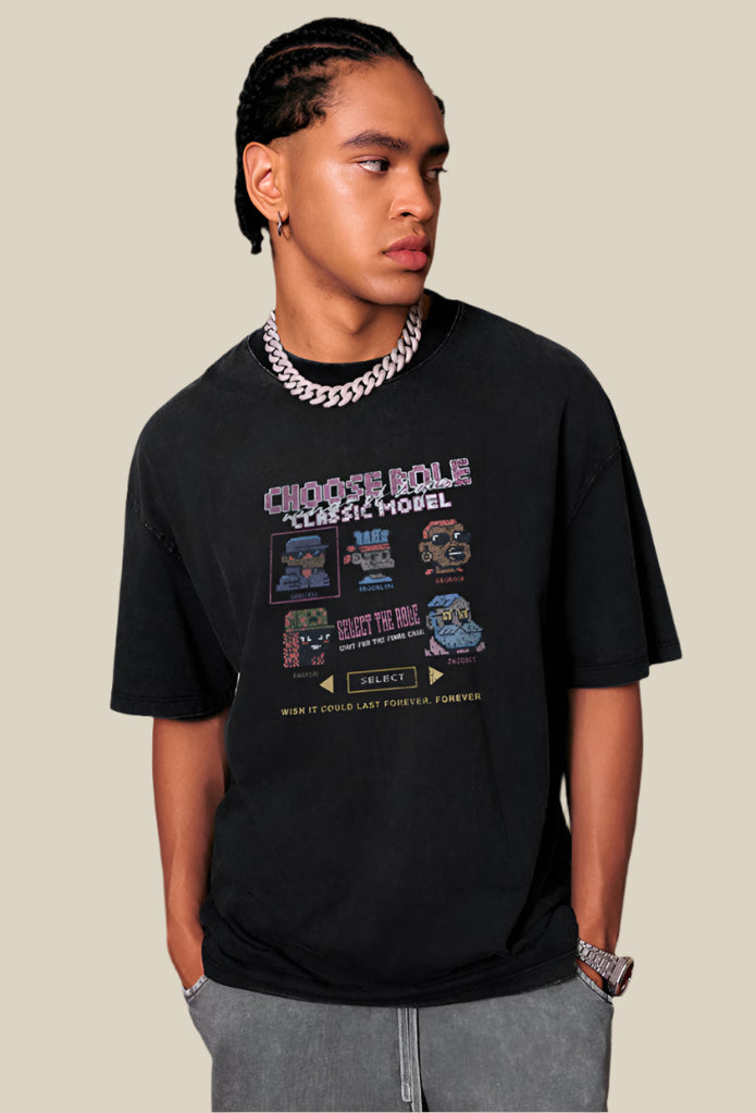 Close-up side view of man in vintage game-style pixel tee and silver chain