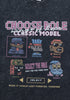 Full view of Choose Role pixel graphic printed on black tee