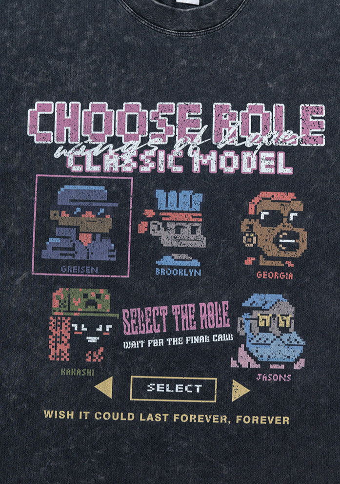 Full view of Choose Role pixel graphic printed on black tee