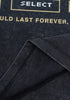 Folded hem of black pixel tee with SELECT button graphic