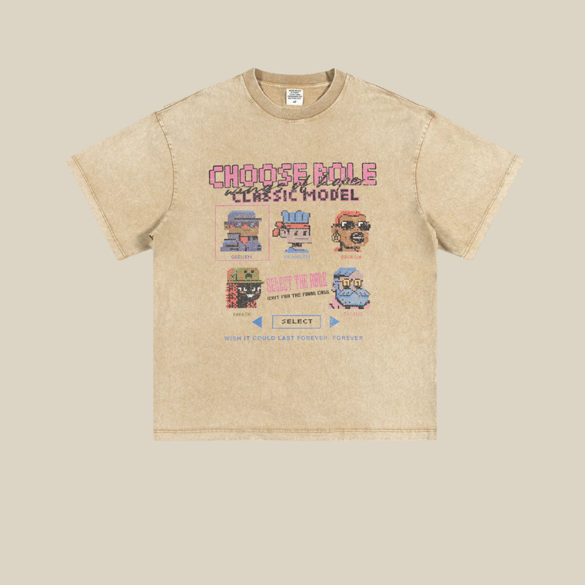 Khaki pixel graphic tee with 'Choose Role' print, laid flat on light background