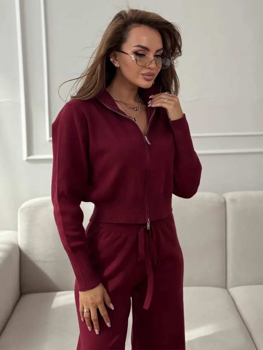 Claret knit 2 piece outfit styled with zip jacket and long pants