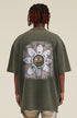Back close-up of daisy graphic with expressive face on olive green t-shirt.