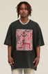 Frontal close-up of black graphic tee with red skeleton and flower artwork.