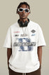 Close-up of white tee with racing graphics and silver chain.